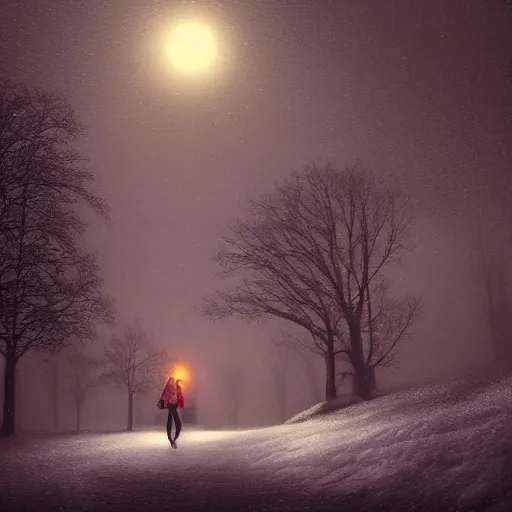 Prompt: woman running from Evil castle, in the snow, scary, foggy, flashlight, portrait, inspired by Evgeny Lushpin,George, greg rutkowski winter,nighttime,cinematic,art station