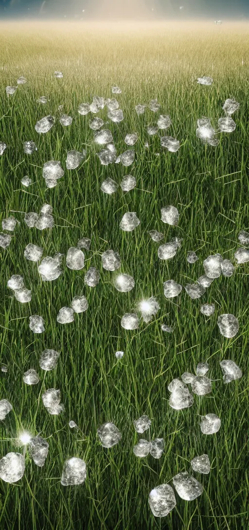 Prompt: crystal flowers on a field of grass, octane render uhd, filmic lighting, cinematic art shot, hyperrealistic, hyperdetailed, super detailed, 8 k, high resolution, 8 k uhd, mega high white mountain, midnight