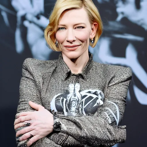 Prompt: high resolution image of cate blanchett with full body gang tattoos , highly detailed, photorealistic, 4k
