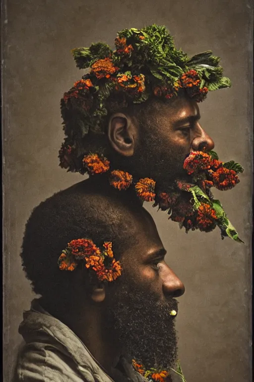 Image similar to an African American man's face in profile, long beard, made of flowers and fruit, in the style of the Dutch masters and Gregory crewdson, dark and moody