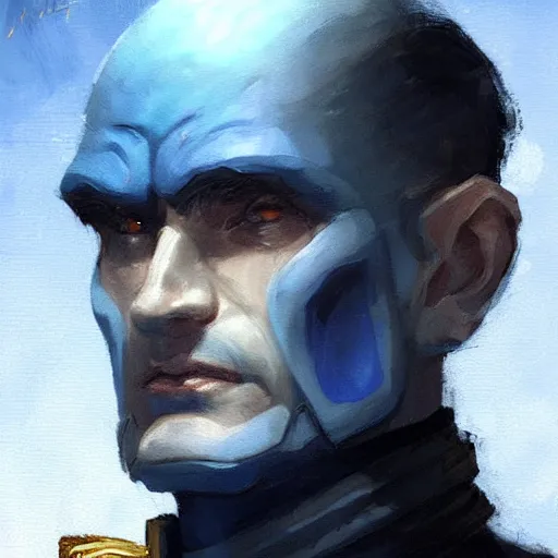 Image similar to portrait of a man by greg rutkowski, great admiral thrawn from star wars, blue skin, short black hair in military style, tall, star wars expanded, universe, he is about 5 0 years old, wearing white colored imperial admiral uniform, artstation hq