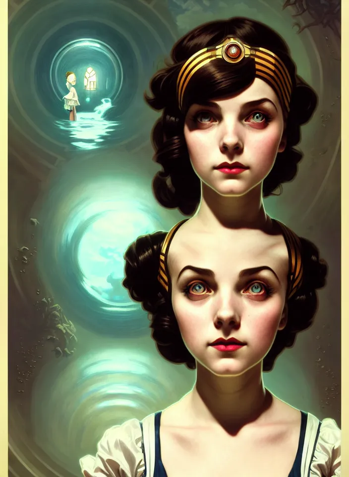 Prompt: symmetry!! portrait of a young elizabeth from bioshock, vintage dress, glowing headband!! underwater atmosphere, intricate, serene, highly detailed, digital painting, artstation, symmetric concept art, smooth, sharp focus, illustration, art by artgerm and greg rutkowski and alphonse mucha, 8 k