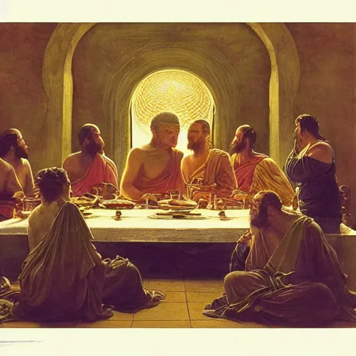 Image similar to buddha explaining the universe in last supper painting by gaston bussiere, craig mullins, j. c. leyendecker, lights, art by ernst haeckel, john william godward, hammershøi,,