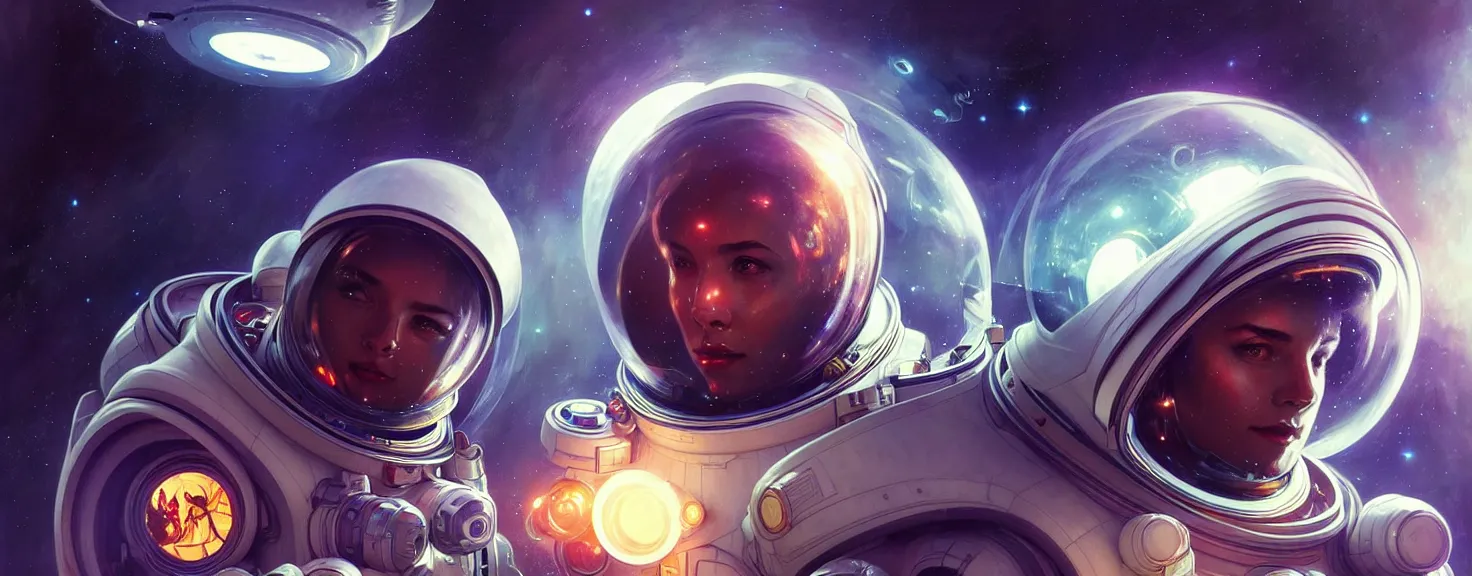 Prompt: Spaceman futuristic portrait in a hyperdetailed space capsule with high-tech controls, screens showing space images, highly detailed, digital painting, artstation, beautiful detailed intricate insanely detailed octane render, concept art, smooth, sharp focus, illustration, art by artgerm and greg rutkowski and alphonse mucha