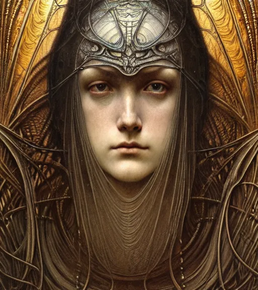 Image similar to detailed realistic beautiful young medieval robot face portrait by jean delville, gustave dore and marco mazzoni, art nouveau, symbolist, visionary, gothic, pre - raphaelite. horizontal symmetry by zdzisław beksinski, iris van herpen, raymond swanland and alphonse mucha. highly detailed, hyper - real, beautiful