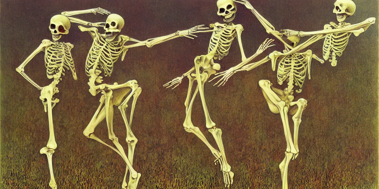 Image similar to eastern european springtime skeleton dancing by zdzisław beksinski and gustave dore and alphonse mucha