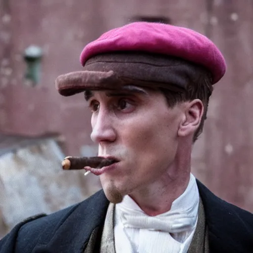 Prompt: a realistic photograph of thomas shelby from the peaky blinders smoking a pink cigar