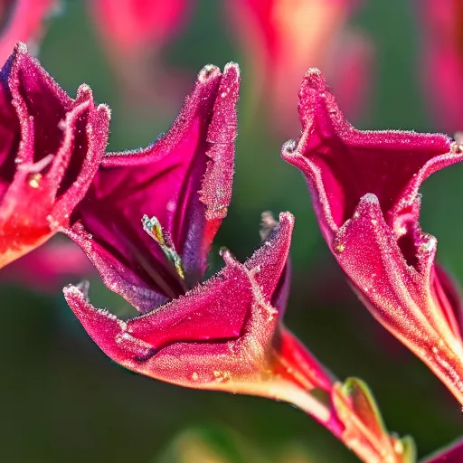 Prompt: breath taking macro photo of flowering crimson red gentian flowers, covered in early morning dew. backlit by the morning sun.