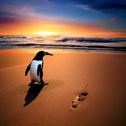 Image similar to photo of a penguin writing with a stick in the sand, sunset natural geographic, award winning