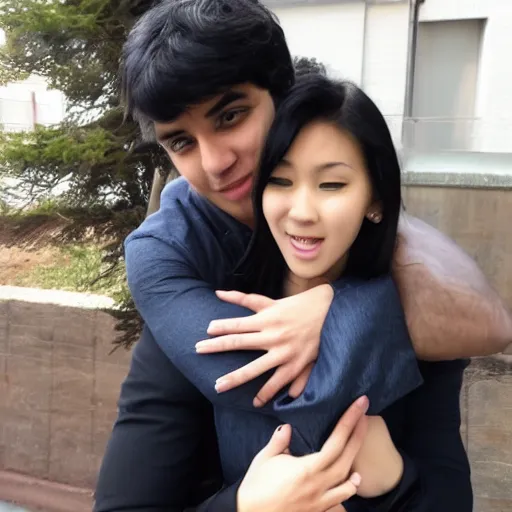 Prompt: handsome blackhaired guy hugs a cute beautiful girl from behind