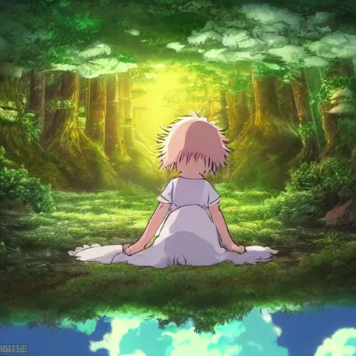 Prompt: in studio ghibli, moving castle, photo realistic, forest with detail, little girl dreaming with beautiful sky, aurora, supernova
