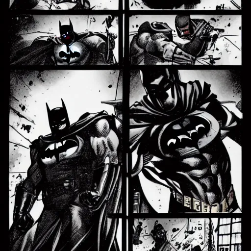 Prompt: Comic book page of Batman from Batman Arkham Knight fighting goons in a dark alley, dark atmosphere, ominous, menacing