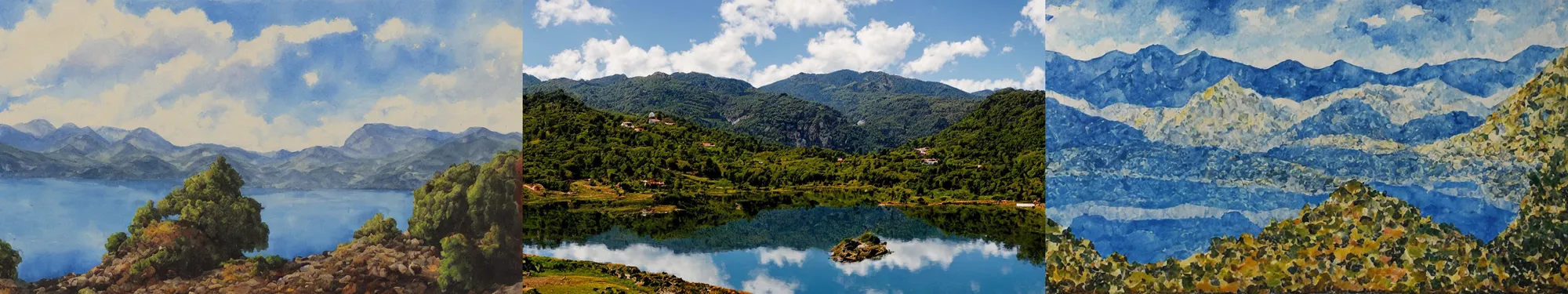 Prompt: lakeside mountains, azulejo