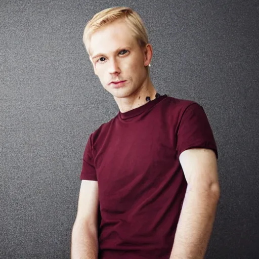 Image similar to full face color photograph of a 35 year old very handsome white man with very short light blond hair and small blue eyes, dressed in a maroon t shirt and black jeans, with very thin lips, with a straight nose and pale skin. He has masculine but gentle features.