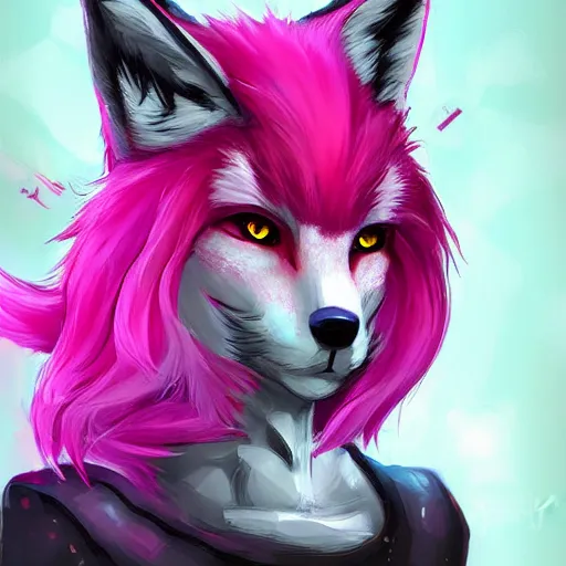 Image similar to digital art artstation, pixiv, portrait of a robotic fox with cybernetic body with pink hair, character fursona furry, furaffinity