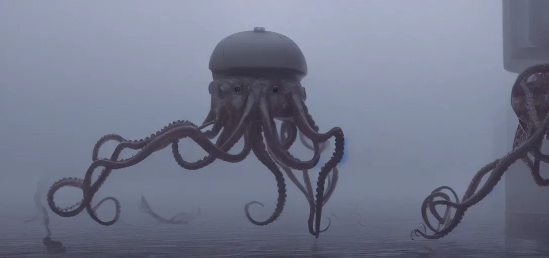 Image similar to a robotic octopus climbing out of a storm drain, foggy, cinematic shot, photo still from movie by denis villeneuve, wayne barlowe