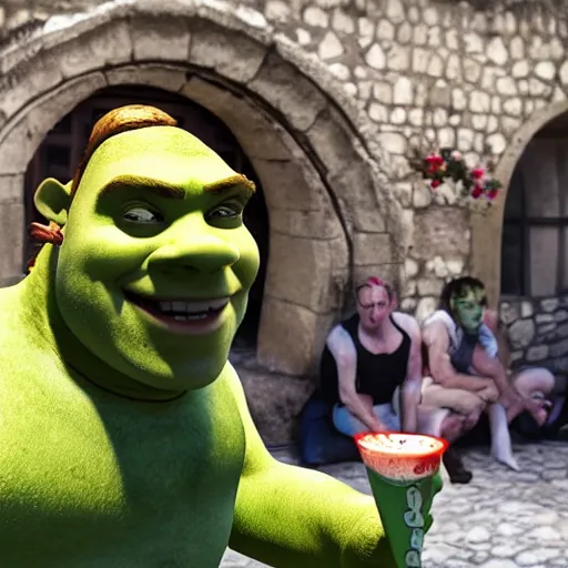 Prompt: shrek drunk in croatia