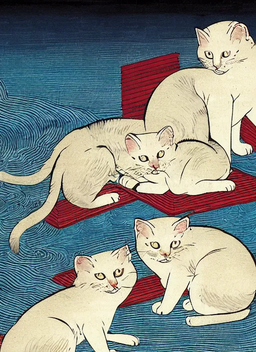 Image similar to whitecat with 2 baby white cats of utagawa hiroshige, digital painting 4 k uhd image, highly detailed