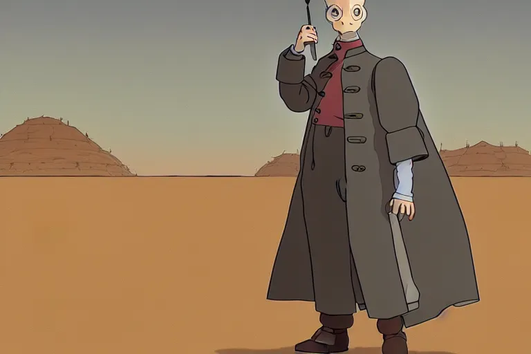 Prompt: a study of cell shaded cartoon of a grey mechanized monk from howl's moving castle ( 2 0 0 4 ) on a desert road, full body, wide shot, very muted colors, post grunge, studio ghibli, laurie greasley, highly detailed, deviantart, art by artgem