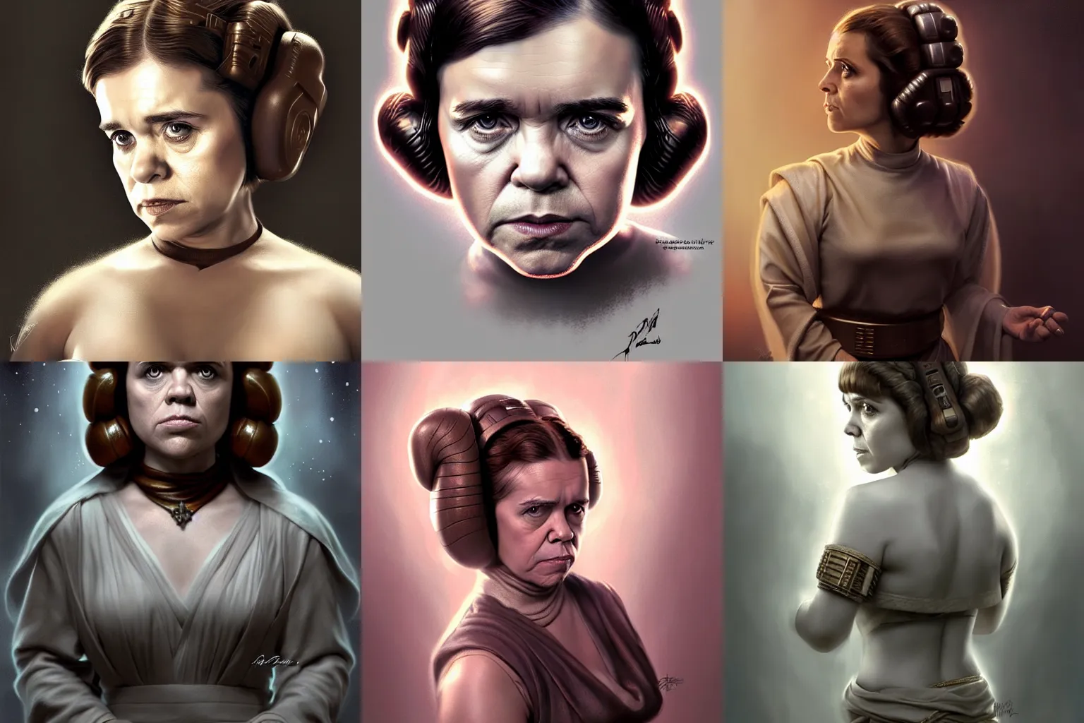 Prompt: peter dinklage as princess leia, digital painting, extremely detailed, 4 k, intricate, brush strokes, mark arian, artgerm, bastien lecouffe - deharme