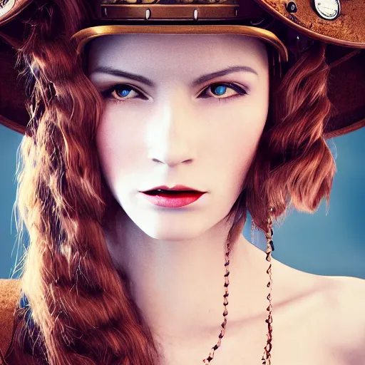 Image similar to a portrait beautiful steampunk woman by mario testino, long hair, aged 2 5, swedish, wearing a travel hat, photo realistic, 3 5 mm, photograph, octane render, trending on artstation