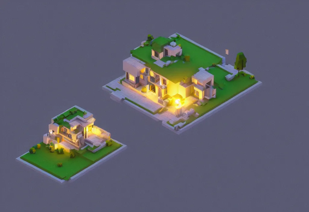 Image similar to isometric house on a mountain top magicavoxel cinematic lighting, 4k