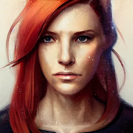 Image similar to Portrait of a woman by Greg Rutkowski, she is about 30 years old, redhead, long straight hair, beautiful oval face, wearing a futuristic spaceship captain uniform, strict but caring mom vibes, highly detailed portrait, digital painting, artstation, concept art, smooth, sharp foccus ilustration, Artstation HQ.