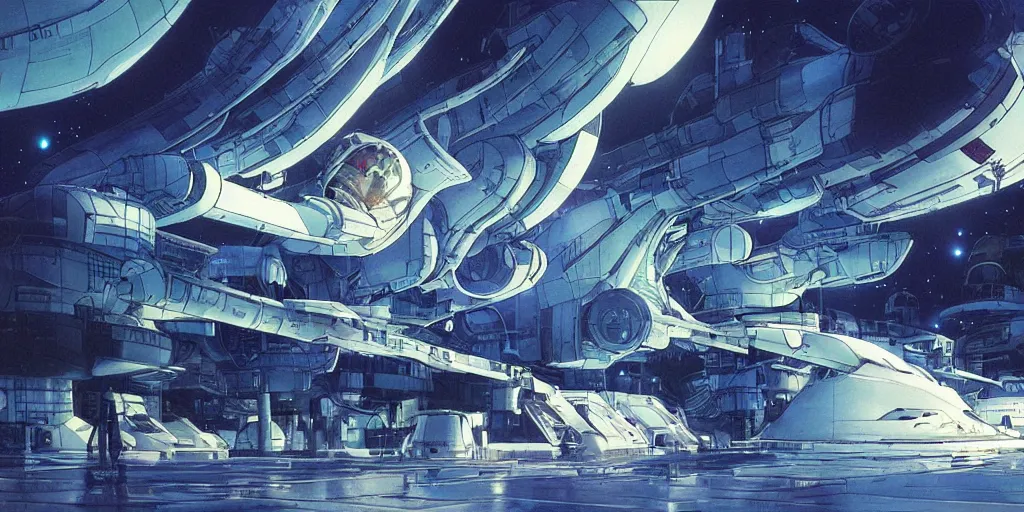 Image similar to spaceship factory, art by makoto shinkai and alan bean, yukito kishiro