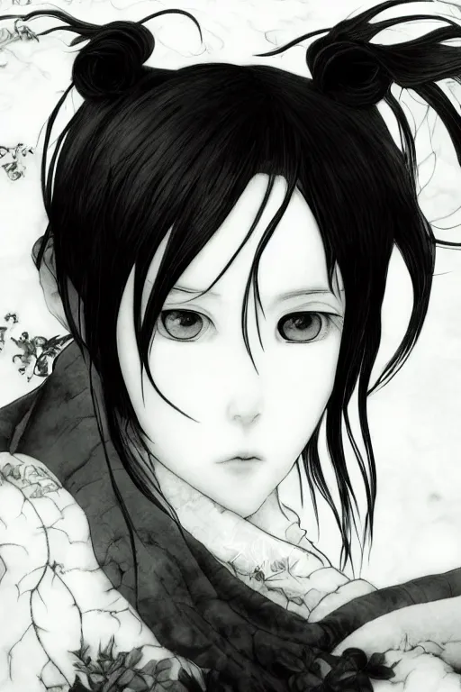 Image similar to a vertical portrait of a character in a scenic environment by Yoshitaka Amano, black and white, dreamy, dark eyes, wavy long black hair, highly detailed
