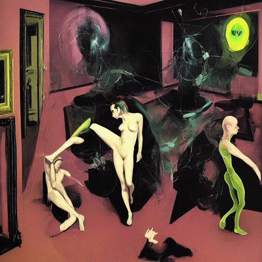 Image similar to Man and woman start to bounce in a living room of a house, floating dark energy surrounds the middle of the room. There is one living room plant to the side of the room, surrounded by a background of dark cyber mystic alchemical transmutation heavenless realm, cover artwork by francis bacon and Jenny seville, midnight hour, part by adrian ghenie, part by jeffrey smith, part by josan gonzales, part by norman rockwell, part by phil hale, part by kim dorland, artstation, highly detailed