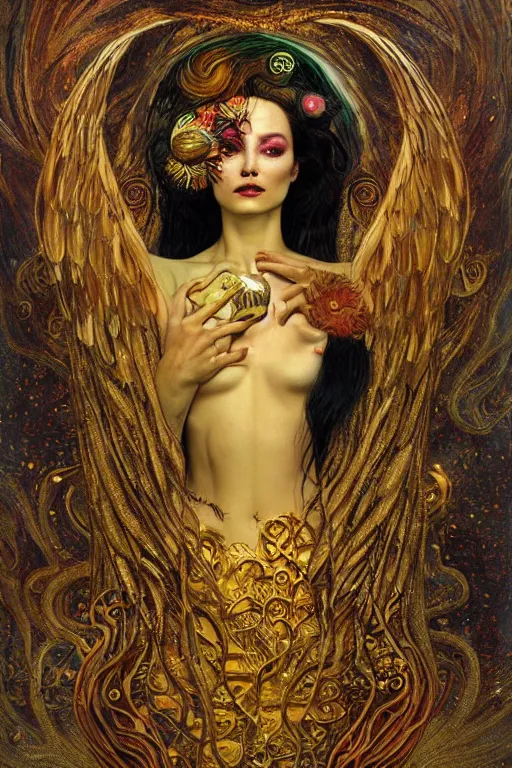 Image similar to Intermittent Chance of Chaos Muse by Karol Bak, Jean Deville, Gustav Klimt, and Vincent Van Gogh, beautiful portrait of Rebirth, Loki's Pet Project, Poe's Angel, Surreality, inspiration, imagination, muse, otherworldly, fractal structures, arcane, ornate gilded medieval icon, third eye, spirals