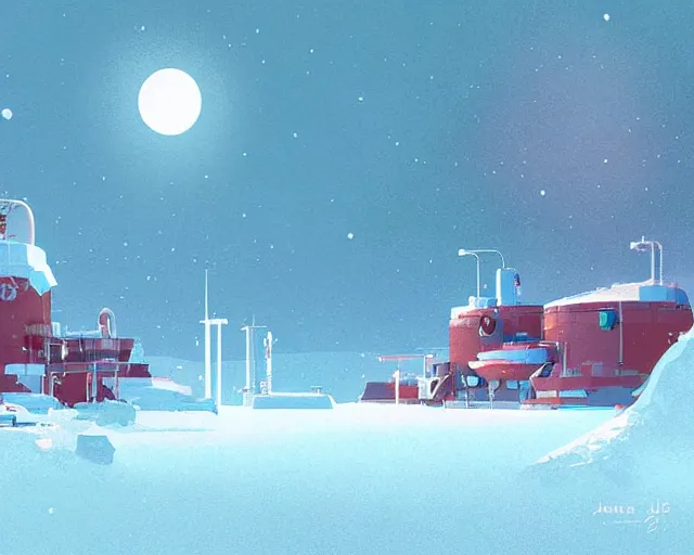 Image similar to A scientific base in north pole, cold, snowy, art by James Gilleard, James Gilleard artwork