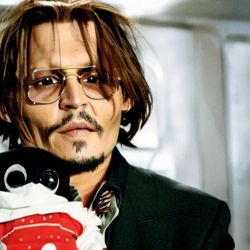 Prompt: Johnny Depp holding Chucky the killer doll