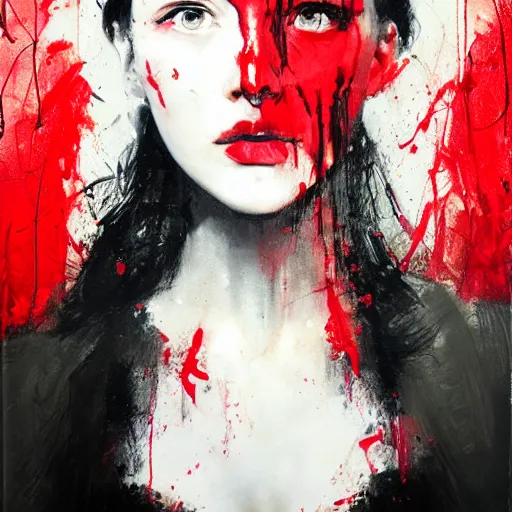 Image similar to portrait of young beautiful woman with two faces covered in red dripping paint, artwork by guy denning and charlie bowater,