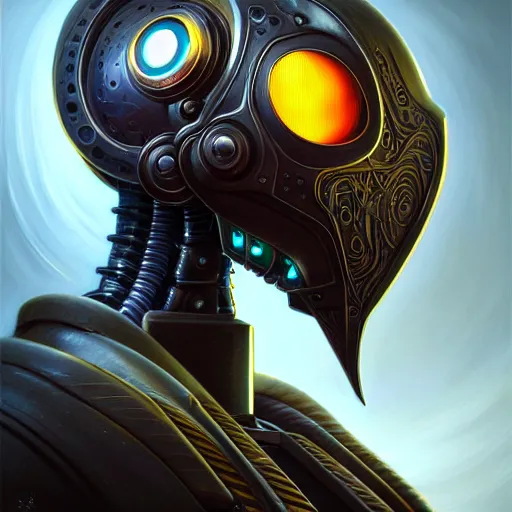 Image similar to low angle portrait shot of a cyberpunk gazmask robot character, intricate, elegant, highly detailed, centered, digital painting, artstation, concept art, smooth, sharp focus, illustration, artgerm, Tomasz Alen Kopera, Peter Mohrbacher, donato giancola, Joseph Christian Leyendecker, WLOP, Boris Vallejo