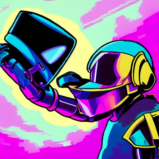 Image similar to shovel knight as daft punk, Aaron Campbell behance, synthwave background,4k, colorful, digital art