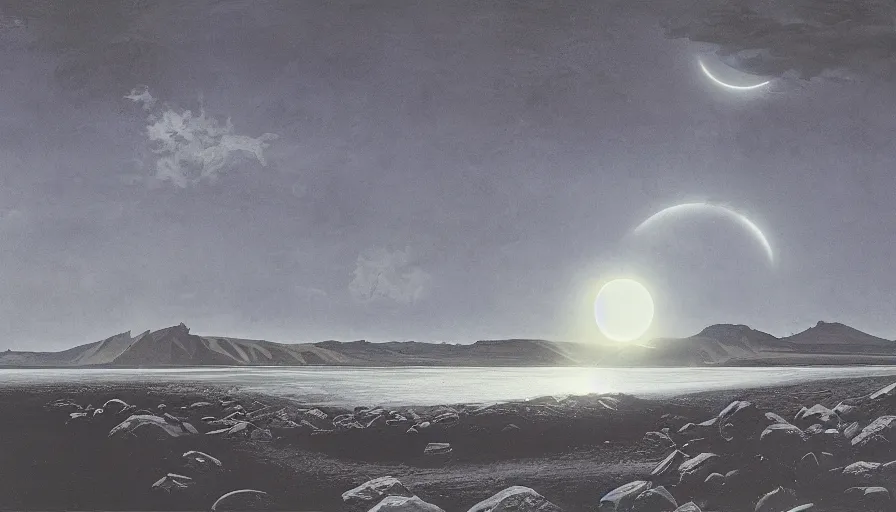 Prompt: solar eclipse in iceland, black sand, water, one tree, syd mead, bright, solarpunk, art station