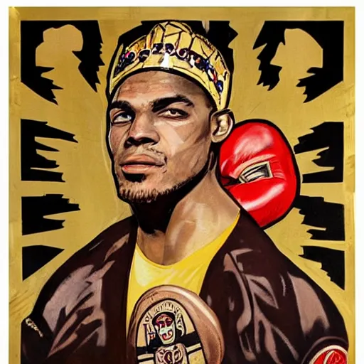 Image similar to Sideview Portrait of professional boxer with a pig head wearing boxing gloves with a gold crown on it's head Shepard Fairey