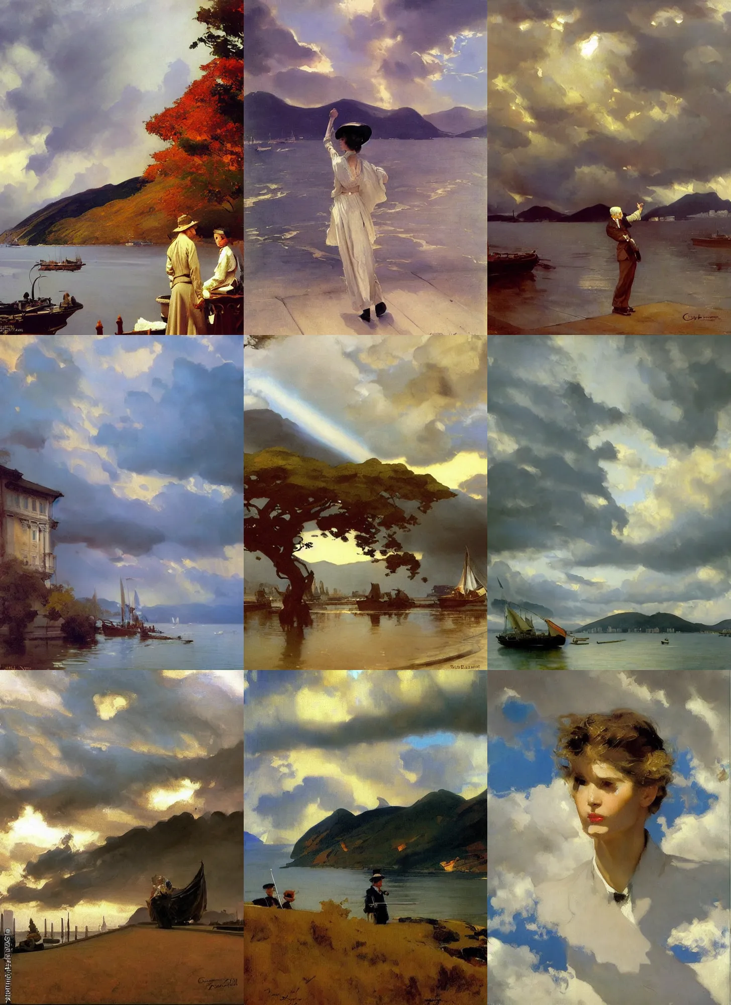 Prompt: painting by sargent and leyendecker and greg hildebrandt savrasov levitan autumn epic sky overcast, low thunder clouds hong kong victoria harbour in middle age, fantasy