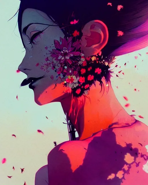 Image similar to close up, captivating, memorable, a ultradetailed beautiful photo of a unique woman wearing a hippy goth outfit standing too too too close, side view, bloom lighting staring at you by conrad roset, greg rutkowski and makoto shinkai trending on artstation