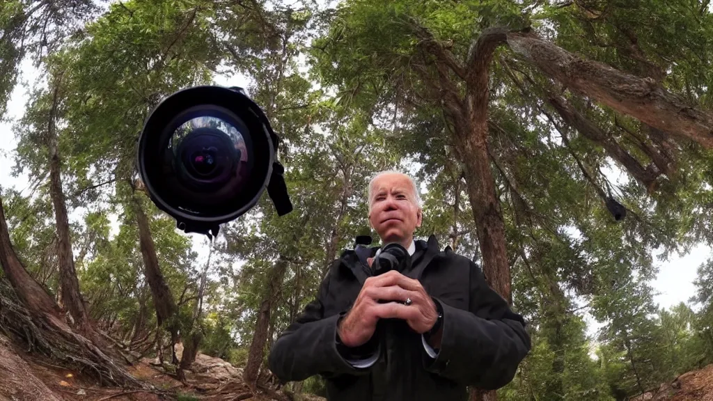 Prompt: trailcam footage of joe biden, fisheye lens,