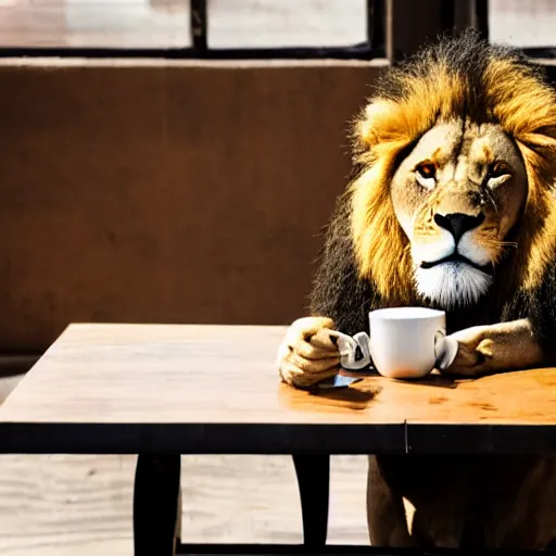 Image similar to a lion sitting on a table with a cup leaking coffee on the table next to him.