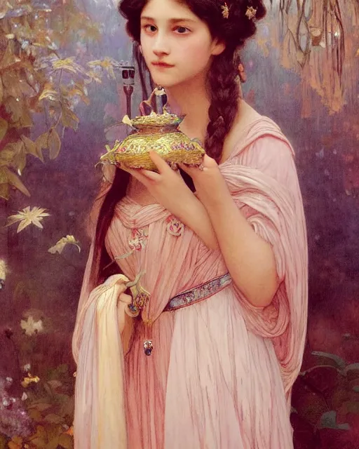 Prompt: a portrait painting of a shy, blushing 1 6 - year old princess resembling alicia vikander in a tiara and an iridescent art nouveau gown watching the lantern festival, intricate, elegant, highly detailed, artstation, concept art, by krenz cushart and artem demura and william adolph bouguereau and alphonse mucha