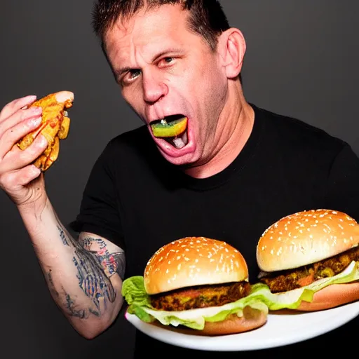 Prompt: a high resolution 4k photograph of John Joseph, the singer of the cromags, shoving a cheeseburger into his mouth