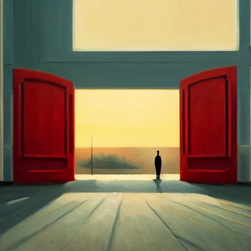 Prompt: entrance to ethereal realm, cinematic and highly detailed oil painting by josep tapiro baro and edward hopper, trending on artstation, oil painting masterpiece, symmetry, mysterious, very aesthetic, cinematic and dramatic red light, 4 k,