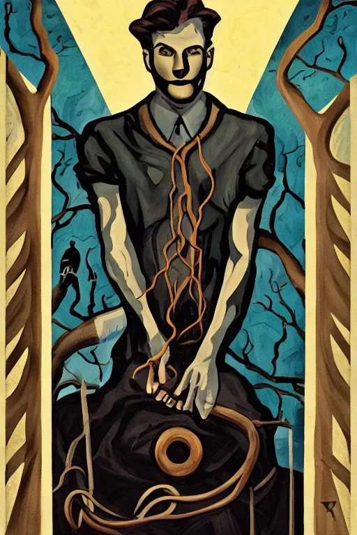 Image similar to a dark art deco painting of a handsome cowboy tied to a tree with wiccan symbols painted on him | background is dark twisted woods | tarot! card, art deco, art nouveau | by Mark Maggiori | trending on artstation