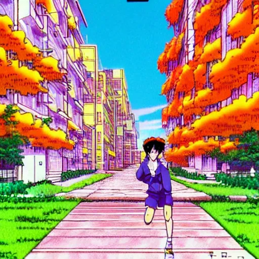 Prompt: beautiful woman chasing her little dog, sprite, vaporwave nostalgia, directed by beat takeshi, visual novel cg, 8 0 s anime vibe, kimagure orange road, maison ikkoku, sketch by akira toriyama