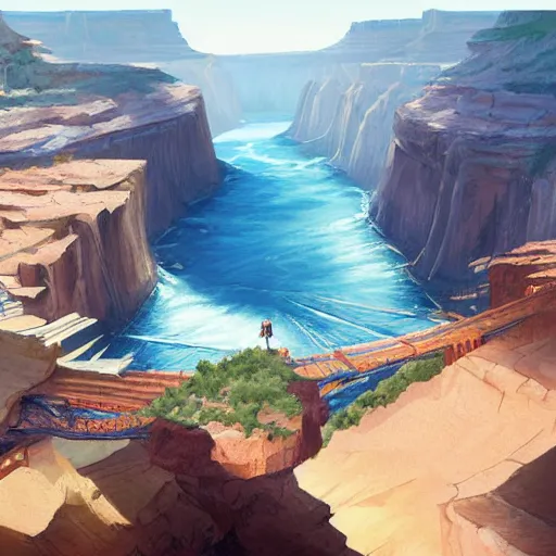 Image similar to concept art painting of a wide grand canyon with ocean inside, giant river, with unfinished bridge under construction, realistic, detailed, cel shaded, in the style of makoto shinkai and greg rutkowski and james gurney