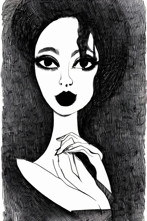 Image similar to ink lineart drawing of a beautiful woman, doll face, big lips, white background, etchings by goya, chinese brush pen, illustration, high contrast, deep black tones contour