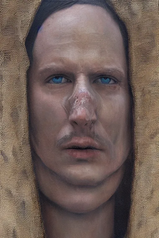 Prompt: hyperrealism oil painting, close - up portrait of face hiding in stingray medieval fashion model, knight, artwork by ken currie